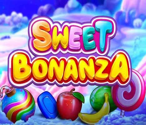 Sweet Bonanza : Bright, colorful Sweet Bonanza logo with candy-themed elements. Background features a whimsical, dreamy sky with candy clouds, evoking a playful, joyful mood.
